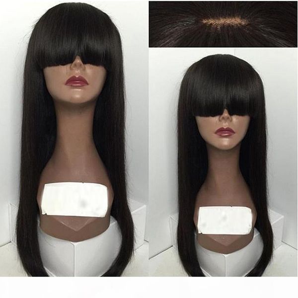 

high bun full lace wigs for black women straight glueless lace front human hair wigs virgin full lace wig with full bangs, Black;brown