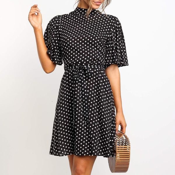 

flutter sleeve polka dot dress women summer stand collar short sleeve casual dress elegant office lady slim mini printed dresses, Black;gray
