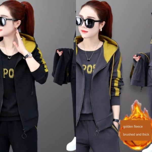 

nzons 2019 autumn and winter plus velvet thickened vest size fashion sweater three-piece large hooded set leisure running sports suit for wo, Gray