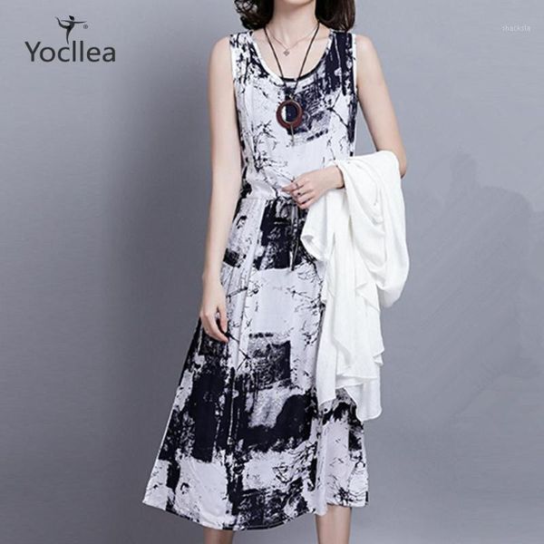 

summer dress women 2 pices set 2020 new plus size 5xl ink sleeveless dress suit vest + cardigan shirt 2 pieces set1, White