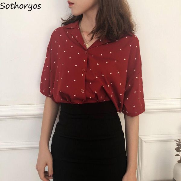 

blouses women shirts polka dot printed loose notched single breasted basic simple all-match chic stylish korean elegant casual1, White