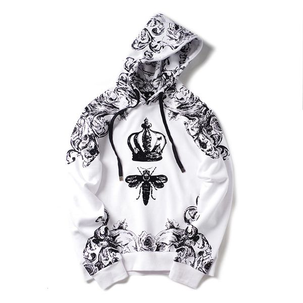 

fashion men casual hoodies print crown bees hip hop cotton long sleeve sweatshirt y31b, Black
