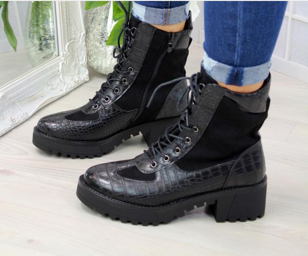 

boots square heel 40-43 front lace up 2021 mid low rise, Black