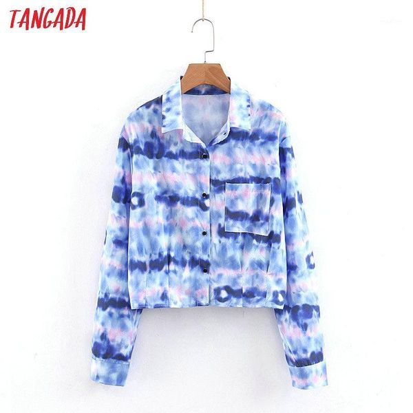

tangada women tie dyed print crop shirt blouse short style long sleeve turn down collar shirt vintage brand sl1001, White