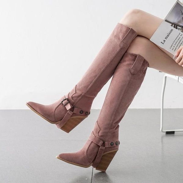 

western cowboy boots belt buckle knee high boots women long winter pointed toe cowgirl wedges western women shoes, Black