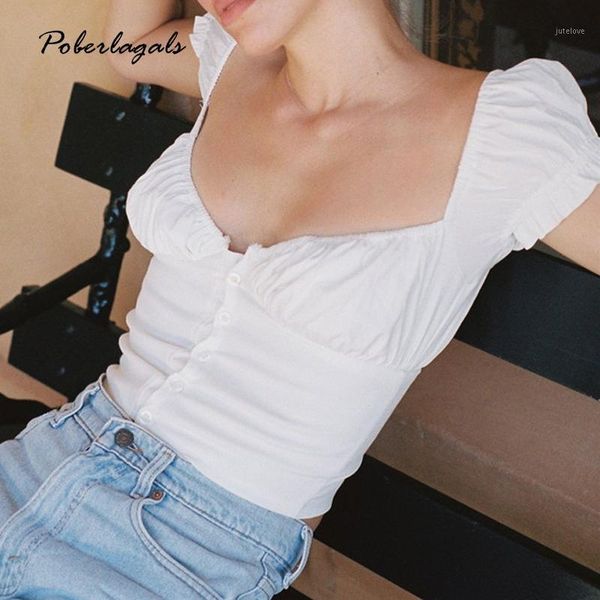 

summer 2019 women sweet square ruffle trim neck button front puff sleeve blouse shirt vintage for womens shirts blouses1, White