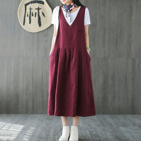 

vintage women v neck sleeveless loose cotton linen long dress casual pockets kaftan vestido oversized s 5xl dresses robe designer clothes, Black;gray