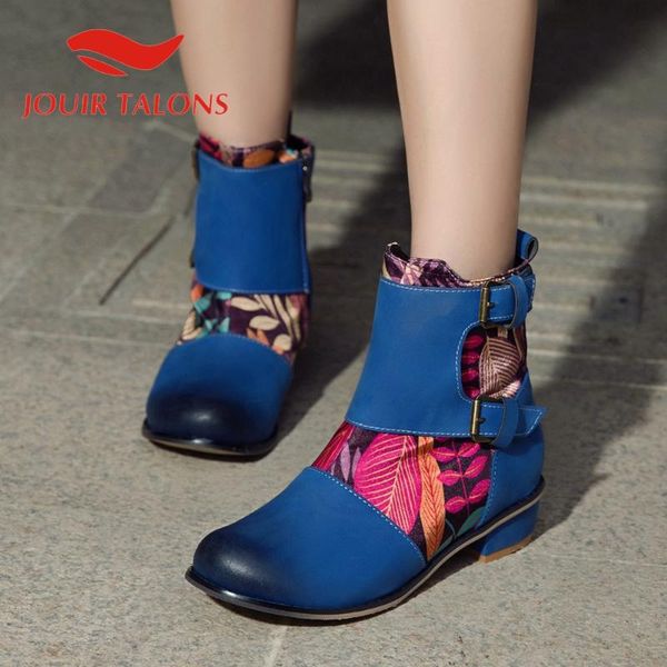 

jouir talons mixed colors ankle buckle straps zipper women shoes vintage round toe square heels flock boots, Black