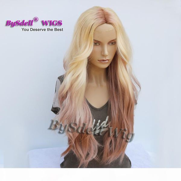 

fab long wavy synthetic none lace lace front wig dark root ombre blonde purple brown color loose wave wigs for black women