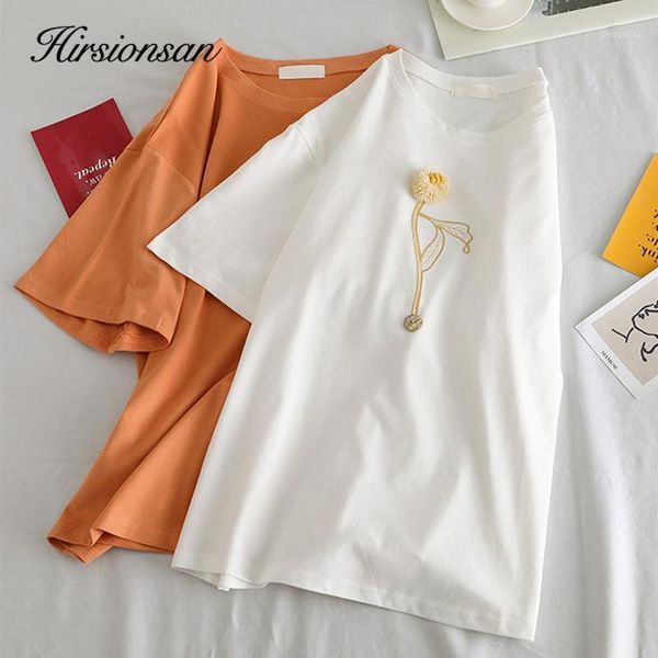 

hirsionsan 100% cartoon printed t shirt women summer short sleeve o-neck korean femme dandelion embroidery clothes1, White