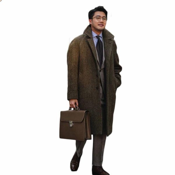 

solid england style winter woolen overcoat warm men's england singal breasted thick loose mid-length casual trench coat male, Black