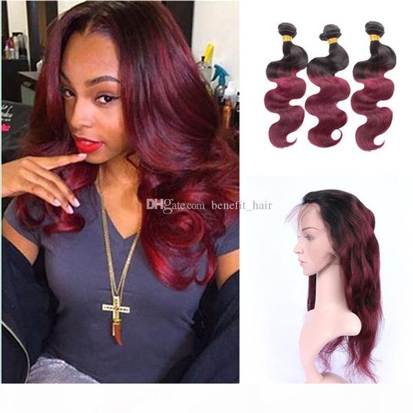 

ombre #1b 99j pre plucked 360 lace frontal with hair bundles 4pcs lot brazilian virgin hair extension with 360 lace band frontal closure, Black;brown