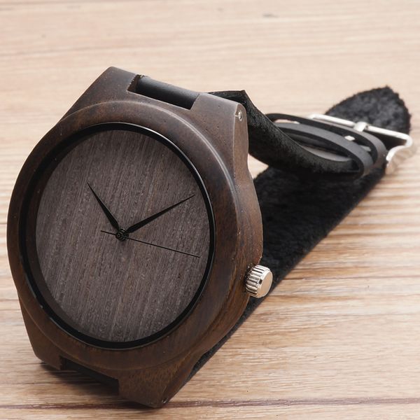 

natural ebony wooden watch japanese miyota 2035 movement casual wristwatches leather straps wood watches dial for men women with gift box, Slivery;brown