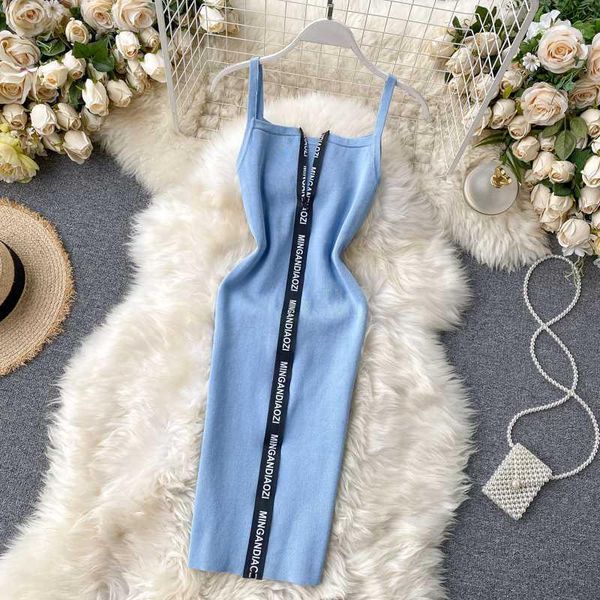 

2020 slash neck high waist knitted spaghetti strap dress summer women sleeveless zipper bodycon dress for female new vestidos1, Black;gray