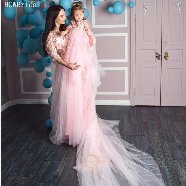 

long train pink evening dress for mother and daughter v neck half sleeves graceful lace tulle pregnant women wedding party dress1, White;black