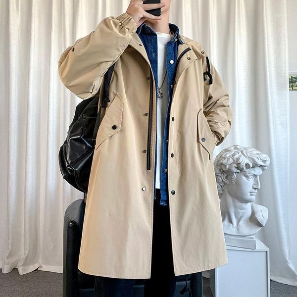 

autumn hooded long coat men's fashion solid color casual trench men streetwear wild loose windbreaker jacket mens overcoat -3xl1, Tan;black