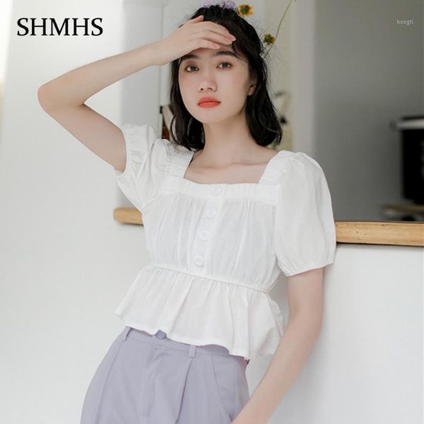 

high street white blouse 2020 summer fashion square collar single-breasted decoration puff sleeve elegant party women's shirts1