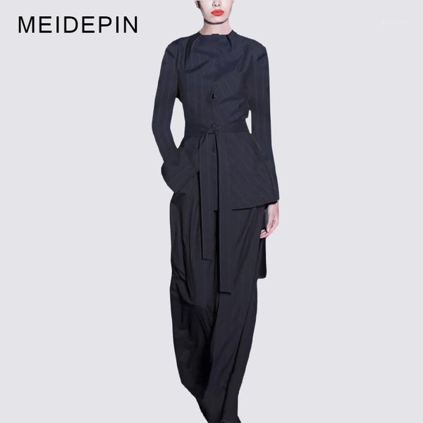 

autumn winter luxurious design women pant suits blazer with slash wide leg trousers blue striped twin set formal outfits1, White;black
