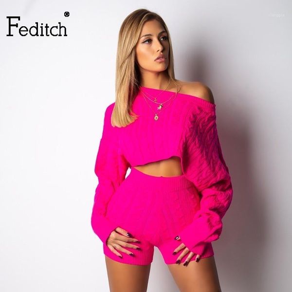 

autumn winter knitted women 2 piece sets solid short and sweater two piece suit warm female soft long sleeve suits outfit1, White
