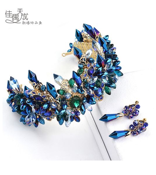 

new bridal european baroque blue crystal crown headdress show accessories, Silver