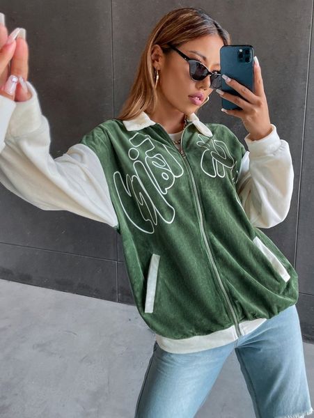 

letter graphic zip up drop shoulder two tone jacket s4ek#, Black;brown