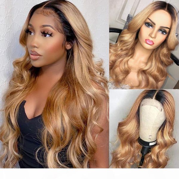 

ombre blonde body wave human hair wigs with baby hair pre plucked 180density 13x6 deep part lace front wigs for black women remy, Black;brown