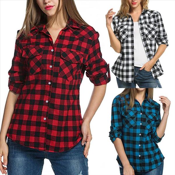 

тартан плед фланелевые женские рубашки блузка женские рулонные рукава повседневная кнопка вниз блузка женские топы и блузки женщина 2021, White