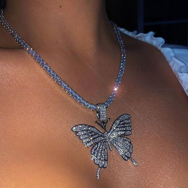

new design statment big butterfly pendant necklace cz rhinestone chain for women bling tennis chain crystal choker necklace hip hop jewelry, Silver