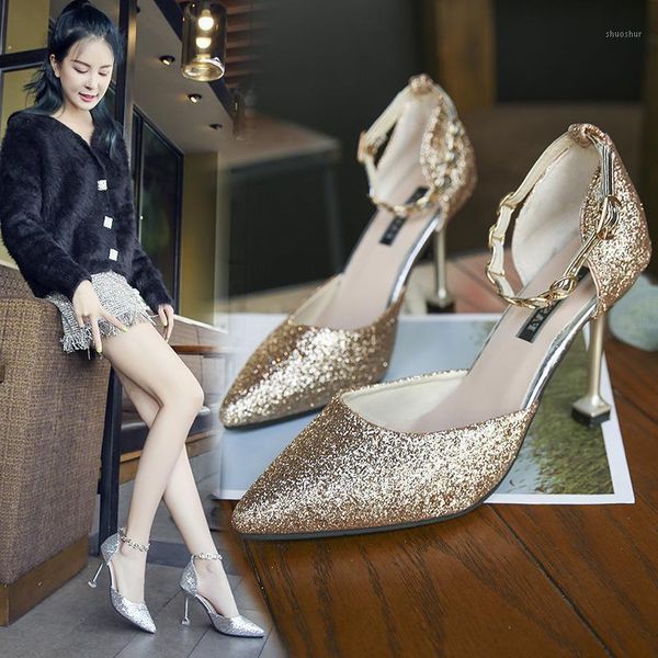 

dress shoes women's 2021 korean sequins pointed shallow mouth 9cm stiletto fashion wedding bridesmaid1, Black