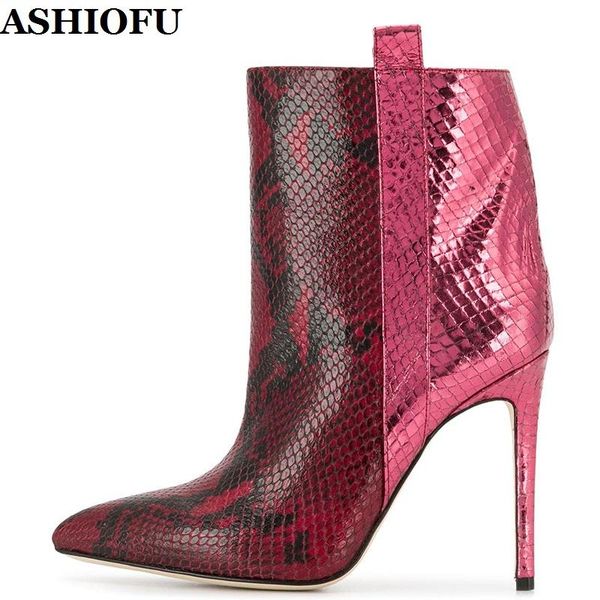

ashiofu new 2020 handmade ladies high heels boots faux-snake party prom ankle booties patchwork leather short winter boots shoes, Black