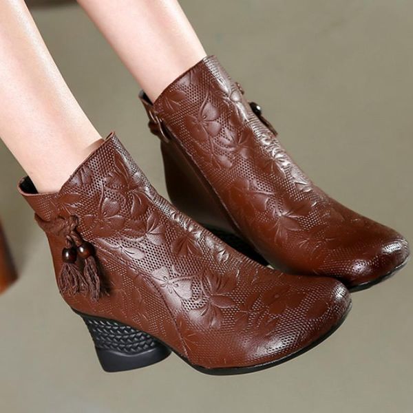 

boots woman retro engraved flower genuine leather women side zipper cowhide ankle female vintage floral warm winter shoes, Black