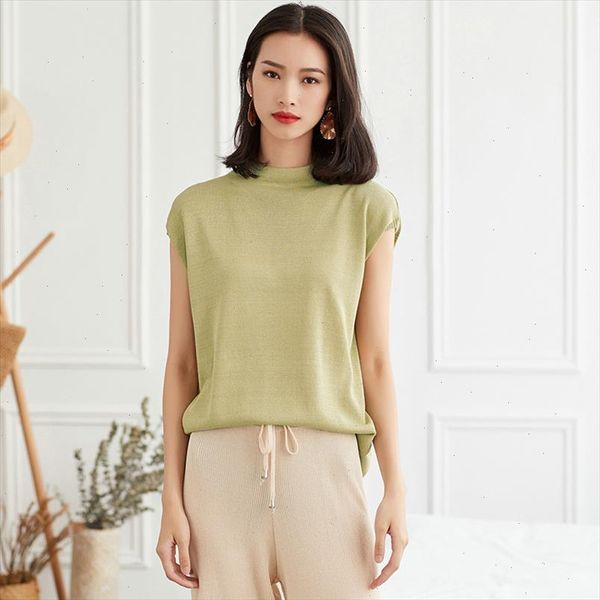

2021 summer new style collar ice silk sweater womens sleeveless thin bottoming shirt temperament slim pullover shirt, White;black