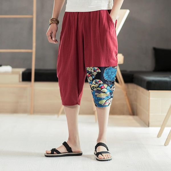 

men print jogging pants chinese style pants mens 2021 summer loose casual trousers mens vintage linen 5xl, Black