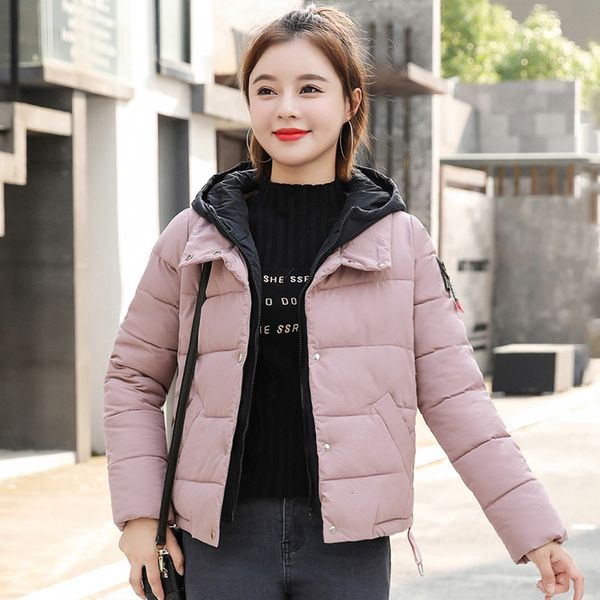 

2021 new short winter style cotton jacket coated button cover women's solid cold coat with hooded hoof engaging casual parkes 5prp, Black;brown