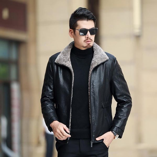 

new men leather jacket fashion brand quality fleece lined motorcycle bomber faux leather coats male outerwear winter jacket, Black