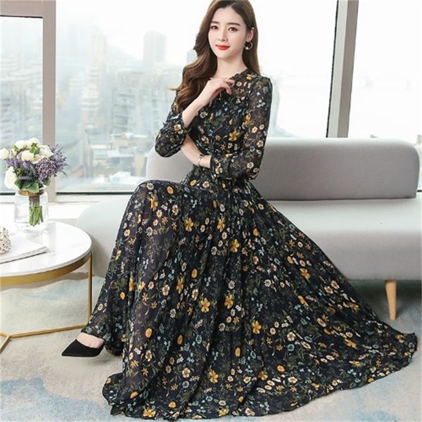 

2021 new spring/summer printed of chiffon plissated casual fashion long female sleeve mid-length dress retro, Black;gray
