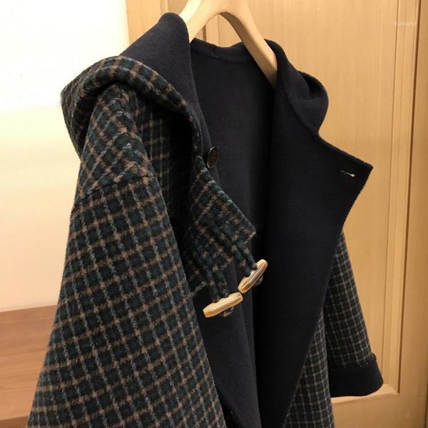 

outer m custom plaid double-sided woolen cloth with horn button loose medium and long hooded overcoat for female winter1, Black