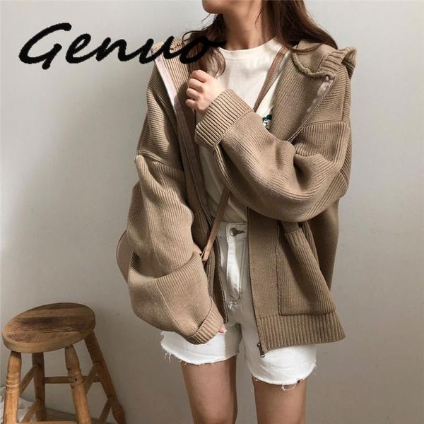 

women's jackets genuo 2021 fall and winter style student's loose korean pure sweater jacket, hat knitted cardigan top, Black;brown