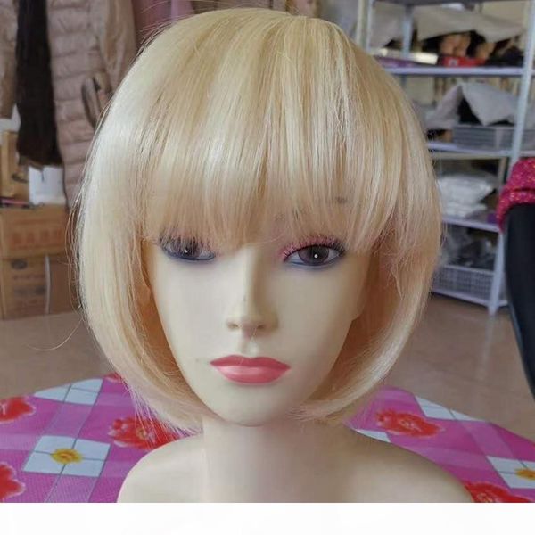 

peruvian straight blonde 613 short bob lace front wig for women 130% colored human hair wigs with bangs 8-12 inch, Black;brown