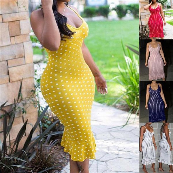 

women bodycon dress ruffle spaghetti straps sleeveless dress polka dots midi dresses sundress summer party beach plus size, Black;gray