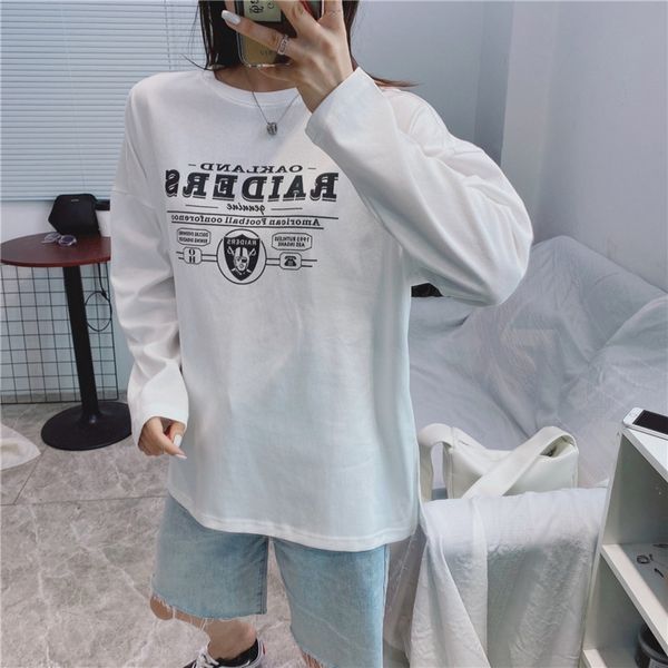 

zj0af korean version versatile and simple long sleeve loose casual t-shirt autumn new alphabet print t-shirt crew neck basic erm1t, Black
