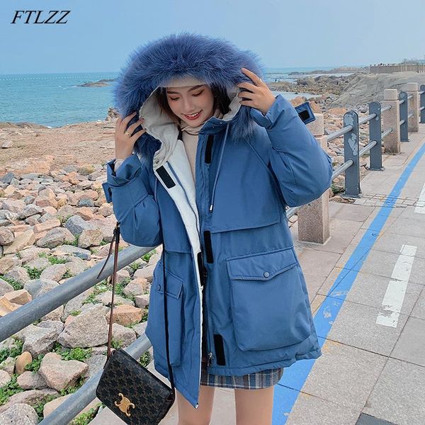 

women's down & parkas ftlzz 2021 artificial fur collar hooded pink cotton coat winter women loose zipper thick warm parka sash tie up s, Black