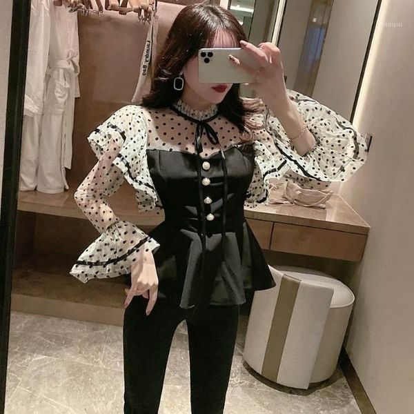 

blouses 2020 spring fashion streetwear flare sleeve ruffles polka dot blouse women blusas office lady shirt, White