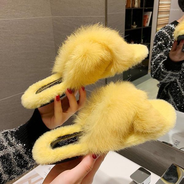 

eoeodoit women slippers cozy fashion fur slides house shoes open toe flat heel home floor rex fur shoes1, Black