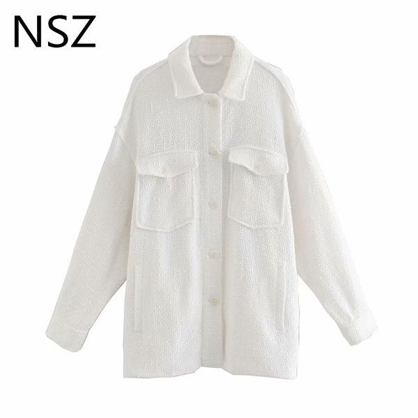 

nsz women oversized white tweed shirt jacket autumn wool blend loose blouse coat fashion long sleeve turn down collar outwear 201028, Black;brown