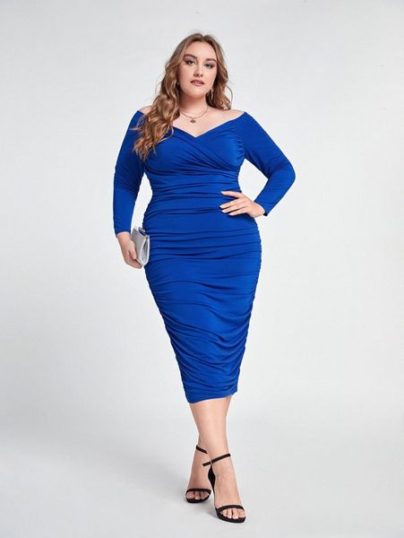 

plus off shoulder ruched bodycon dress a6t9#, Black