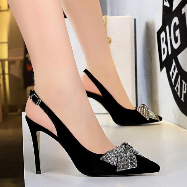 

825-11 banquet high heel shoes with suede, shallow mouth, sharp head, back trip belt, hollow diamond bow single shoes, Black