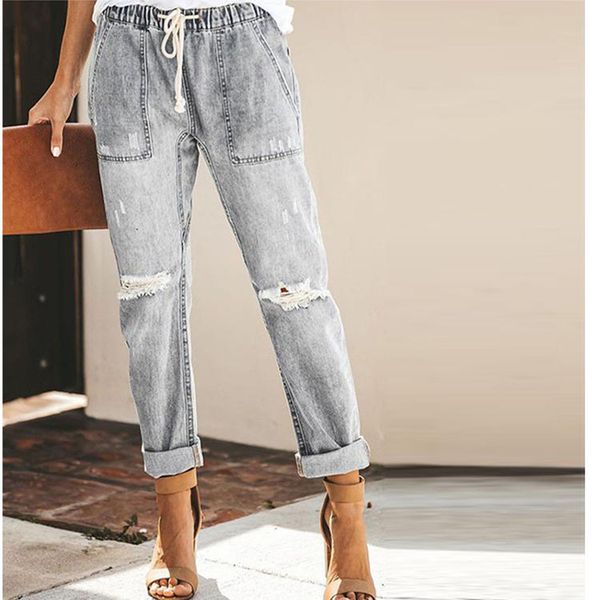 

2020 selling women's jeans fashion leisure street trendsetter korean straight tube hole pants, Blue