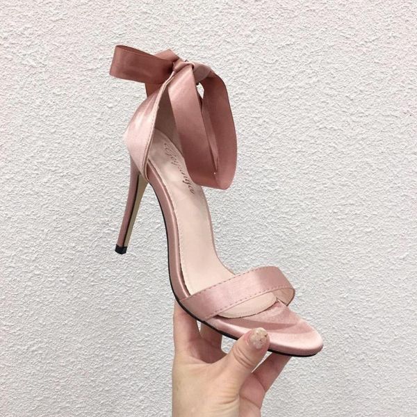 

fashion satin open toe sandals women casual summer high heels shoes riband back lace up bow sandals pumps cover heel pink shoes, Black
