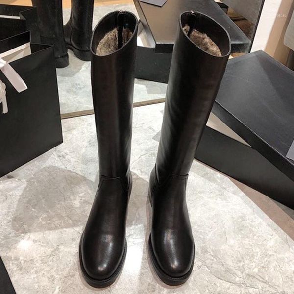 

new fashion square toe solid long leather boots winter warm short plush women shoes luxury vintage knee-high zip female boots1, Black